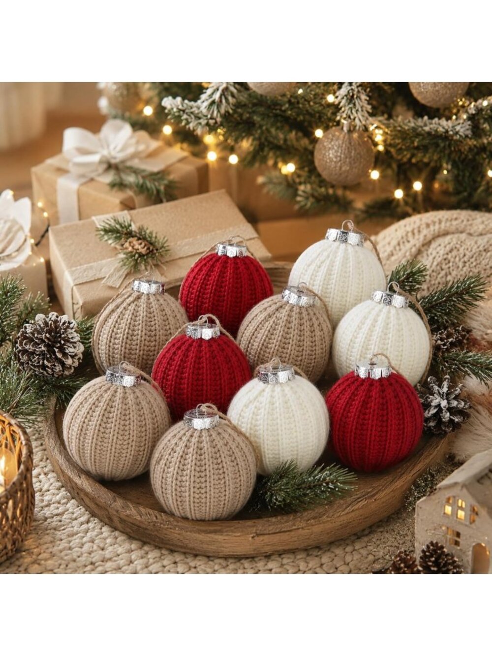 12 Pcs Boho Farmhouse Christmas Ornaments - Burgundy Beige Crochet Baubles for